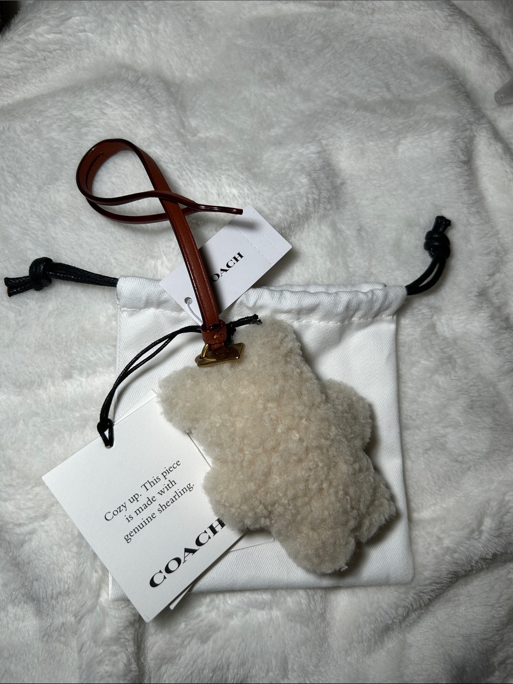 Coach Cream Shearling Teddy Bear Bag Charm with Brown Leather Strap